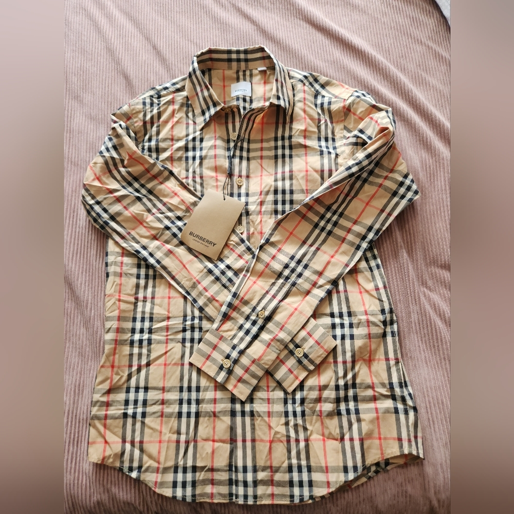 Burberry Beige Black Red Plaid Button-Down Shirt